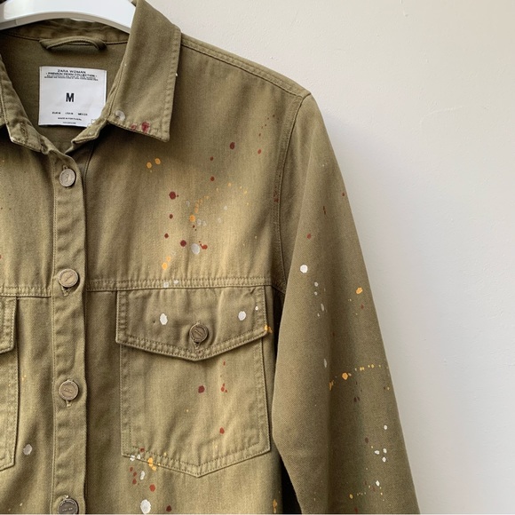 Zara khaki denim shacket chore shirt jacket paint splatter size medium - Picture 8 of 10